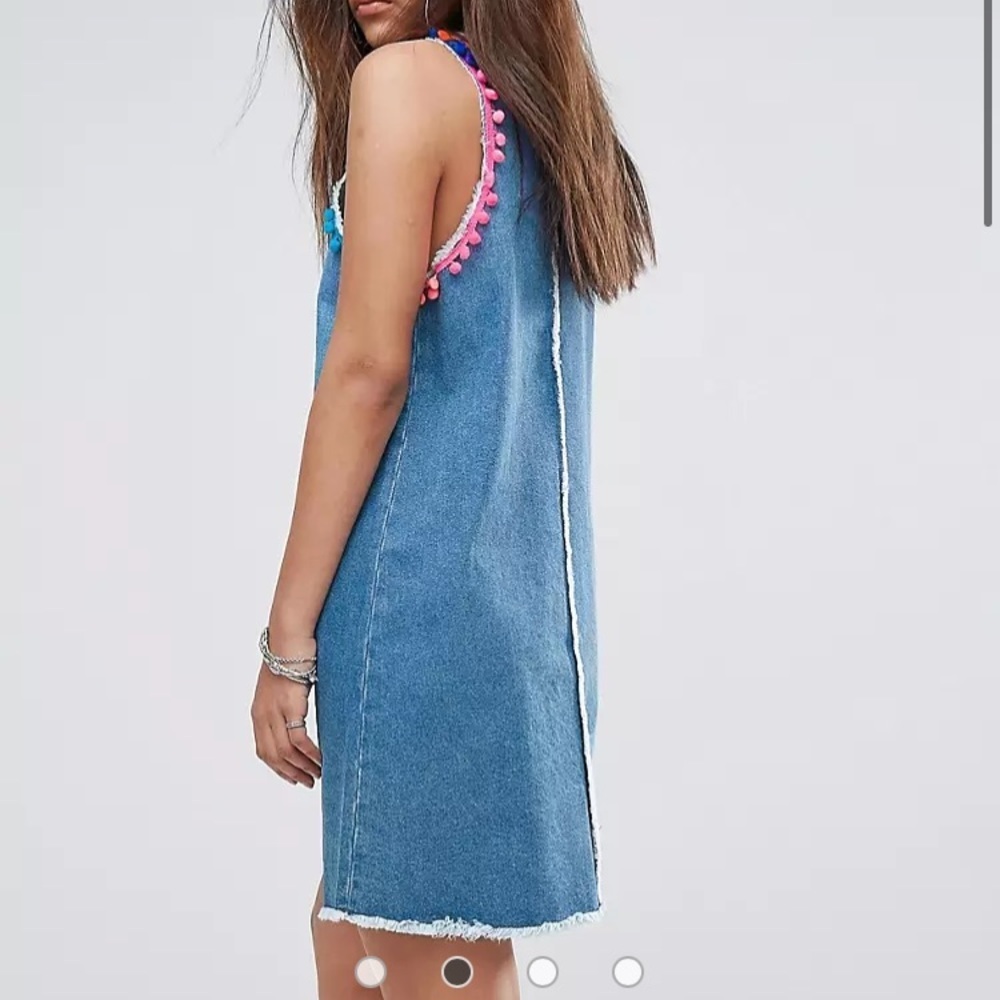 Jaded London Denim Mini Dress With Pom Pom Trip Detail - Picture 3 of 6